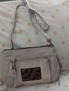 b. makowsky Beige Taupe Crossbody Bag with Metallic Front Pocket